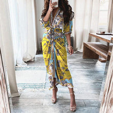 Load image into Gallery viewer, Mandotos European And American Print Long Sleeve Laceup Button Front Shirt Dress