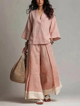 Load image into Gallery viewer, Women's Cotton-Linen V-Neck 3/4 Sleeve Shirt & Wide-Leg Pants Set
