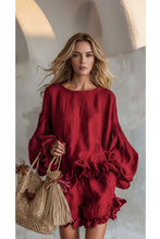 Load image into Gallery viewer, Women's Lantern Sleeve Ruffle Hem Top & Ruffle Shorts Linen-Style Two-Piece Set