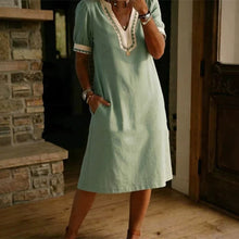 Load image into Gallery viewer, Color-Block Patchwork Lace Dress – Short Sleeve A-Line