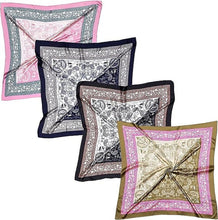 Load image into Gallery viewer, 4-Pack 35” Satin Square Head Scarves – Silk-Feel Neck & Hair Wraps for Women – Lightweight, Versatile & Stylish for Day and Night Use