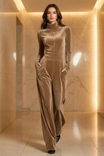 Load image into Gallery viewer, Women's Velvet Mock Turtleneck Chevron-Seam Fitted Bodice Balloon-Leg Jumpsuit
