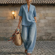 Load image into Gallery viewer, Retro V-Neck Washed Denim Top & Wide-Leg Pants Set – 3 Colors, S–3XL