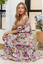 Load image into Gallery viewer, Layered Floral Off-Shoulder Short Sleeve Maxi Dress – Elegant Off-Shoulder Maxi Dress with Layered Floral Pattern for a Romantic Look