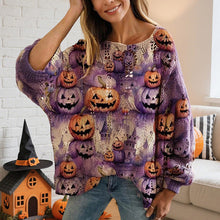 Load image into Gallery viewer, Women’s Hollow Out Batwing Top – Halloween Pumpkin Print Blouse