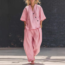 Load image into Gallery viewer, V-Neck Short Sleeve Top & High-Waist Trousers Two-Piece Set