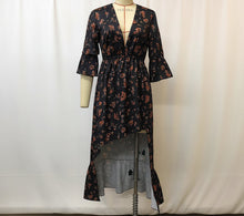 Load image into Gallery viewer, Women's Floral Printed Denim Patchwork Midi Dress — A-Line Half Sleeve