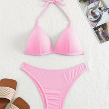 Load image into Gallery viewer, Bikini Rib Knit Solid Color Triangle 2 Piece Swimsuit for Women – Adjustable Tie Back Halter Bikini Set with Spaghetti Straps – High Stretch Polyester Swimwear for Summer Beachwear Poolside Relaxation and Tropical Vacation