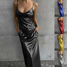 Load image into Gallery viewer, Textured Mirror-Finish U-Neck Slip Maxi Dress with Pockets