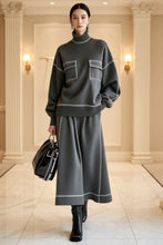 Load image into Gallery viewer, Women's Turtleneck Balloon-Sleeve Knit Top & A-Line Midi Skirt Set with Contrast Topstitching