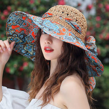 Load image into Gallery viewer, Women's Patterned Straw Beach Sun Hat – Round Crown UV Protection Summer Hat