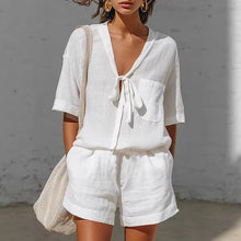 Load image into Gallery viewer, Women's Lace-Up Short-Sleeve Shirt & Loose Shorts Set – Casual Summer Co-Ord