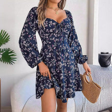 Load image into Gallery viewer, Mandotos Floral Print Lantern Sleeve Dress Red Tie Square Neck A Line Long Sleeve