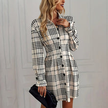 Load image into Gallery viewer, Elegant Plaid Shirt Dress — Ruched Waist A-Line Mini with Long Sleeves