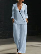 Load image into Gallery viewer, Women's V-Neck Diagonal Button Placket Cotton-Linen Shirt & Wide-Leg Pants Set