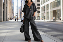 Load image into Gallery viewer, Women's Loose Cotton-Linen V-Neck Top & Wide-Leg Pants Set