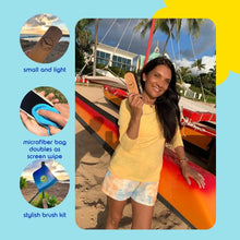 Load image into Gallery viewer, Beach Sandy Brush Kit – Eco-Friendly Sand Remover with Beech Wood Brushes & Microfiber Towel Bag – Portable Beach Accessory for Feet, Gear, & Pets