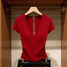 Load image into Gallery viewer, Solid Color Ice Silk Knit Top for Women – Slim-Fit Short Sleeve Elegant Commuter Top