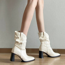 Load image into Gallery viewer, Women's French Luxury Ruched Square Toe Block Heel Slouch Ankle Boots