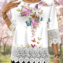 Load image into Gallery viewer, Printed Patchwork Three-Quarter Sleeve Top – Women's Loose Fit Pullover