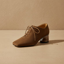 Load image into Gallery viewer, Women's Retro Sheepskin Square Toe Chunky Heel Pumps – Lace-Up Mid Heel