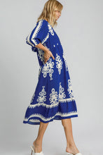 Load image into Gallery viewer, Royal Blue Printed Notched Midi Dress Elegant & Timeless Dress For Every Occasion
