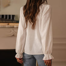 Load image into Gallery viewer, Boho Floral Ruffle Blouse — V-Neck Lantern Sleeve Button-Down Top