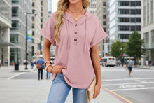 Load image into Gallery viewer, Women's Waffle Knit Hooded Short-Sleeve Top – Drawstring Button Pullover