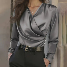 Load image into Gallery viewer, Women's Elegant Cross V-Neck Blouse, Ruffle Detail Button Accent Office Shirt
