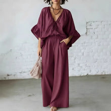 Load image into Gallery viewer, Women's Loose-Fit V-Neck Top & Wide-Leg Pants Two-Piece Set