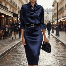Load image into Gallery viewer, Women's Slim-Fit Lapel Collar Half-Sleeve Midi Dress