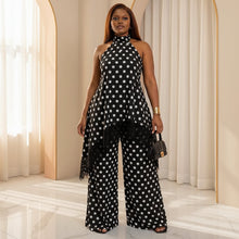 Load image into Gallery viewer, Women's Polka Dot Halter Top & Wide-Leg Pants Set – Lace-Hem, Open Back