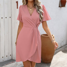Load image into Gallery viewer, Pleated Cross V-Neck Midi Dress – Tight Waist Short Sleeve Elegant Dress