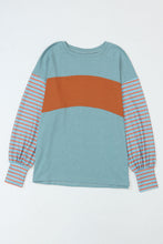 Load image into Gallery viewer, Green Color block Striped Women's Top with Bishop Sleeves and Side Slits