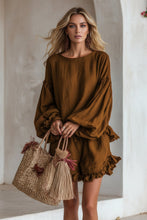 Load image into Gallery viewer, Women's Lantern Sleeve Ruffle Hem Top & Ruffle Shorts Linen-Style Two-Piece Set