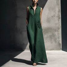 Load image into Gallery viewer, Women's Cotton Linen Mandarin Collar Maxi Dress – Graphic Print with Pockets