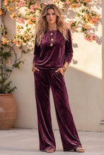 Load image into Gallery viewer, Women's Velvet Two-Piece Lounge Set – Round Neck Top & Wide-Leg Pants