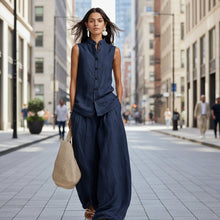 Load image into Gallery viewer, Women's Stand Collar Sleeveless Top & High-Waist Wide-Leg Pants Set