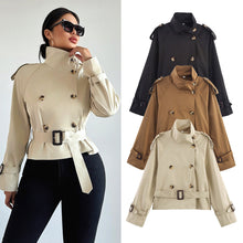 Load image into Gallery viewer, Women's Notch-Collar Short Trench Coat with Belt Buckle Detail