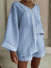 Load image into Gallery viewer, Women's Cotton Linen Shirt & Shorts Set – Long Sleeve, Button, Casual 2-Piece