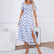 Load image into Gallery viewer, Square Neck Floral Print Dress With Puff Sleeves & Side Slit Maxi Dress