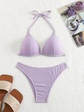 Load image into Gallery viewer, Bikini Rib Knit Solid Color Triangle 2 Piece Swimsuit for Women – Adjustable Tie Back Halter Bikini Set with Spaghetti Straps – High Stretch Polyester Swimwear for Summer Beachwear Poolside Relaxation and Tropical Vacation