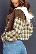 Load image into Gallery viewer, Raw Hem Plaid Cropped Hooded Jacket – Trendy Buttoned Outerwear with Casual Raw Hem Detail