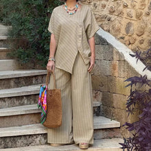 Load image into Gallery viewer, Striped Shirt & Loose Pants Set – Three-Quarter Sleeve Two-Piece