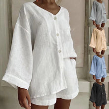 Load image into Gallery viewer, Women's Cotton Linen Shirt & Shorts Set – Long Sleeve, Button, Casual 2-Piece