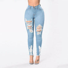 Load image into Gallery viewer, Denim Pencil Pants Slim Long Trousers Ripped Hole Stretch Feet Pants Female