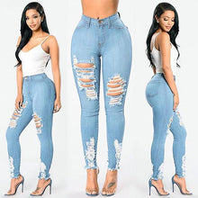 Load image into Gallery viewer, Denim Pencil Pants Slim Long Trousers Ripped Hole Stretch Feet Pants Female