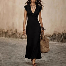 Load image into Gallery viewer, Women's V-Neck Cotton-Linen Flutter-Sleeve Ruffle-Trim Midi Dress