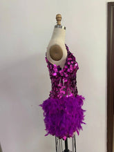 Load image into Gallery viewer, Purple Sequined Feather Skirt One-shoulder Sleeve Short Dress Luxury Party Stage Performance Dress