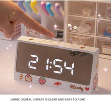 Load image into Gallery viewer, Digital Clock Table Clock Snooze Alarm Cute Silent Mirror Clock Student Desktop Mirror Surface LED Alarm Clock with USB Charger 12/24H Easy Snooze Function Adjustable Brightness Alarm Clocks for Bedroom LED Clock Electronic Clock for Children